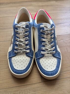 Vintage Havana Blue Denim & Cream Sneakers with Pink Heel
